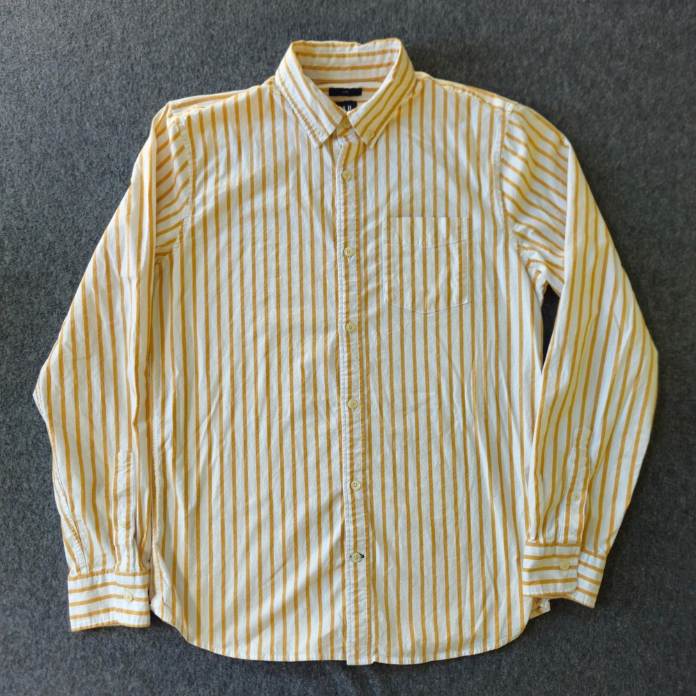 GAP Button Down Shirt 100% Cotton M Yellow Striped Slim Fit Long Sleeve Pocket - Picture 2 of 10